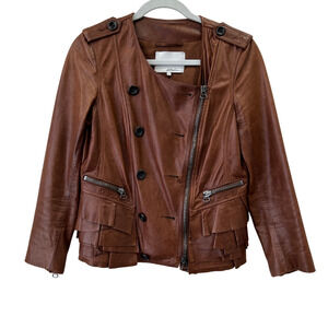 Phillip Lim Jacket Size 4 Brown Ruffle Hem Leather Asymmetrical Zip Moto Biker